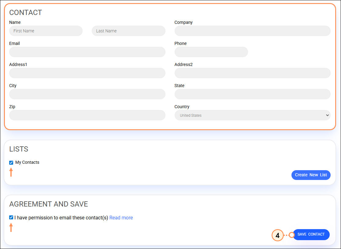 Contact detail fields choose lists agreement checkbox and save contact button
