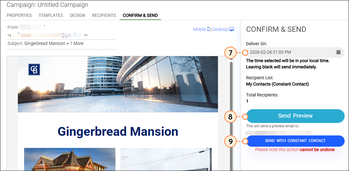 Delivery date field Preview and send buttons