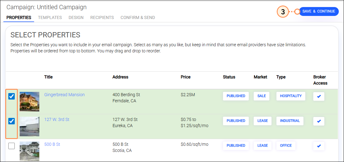 Property selecting Save and continue button