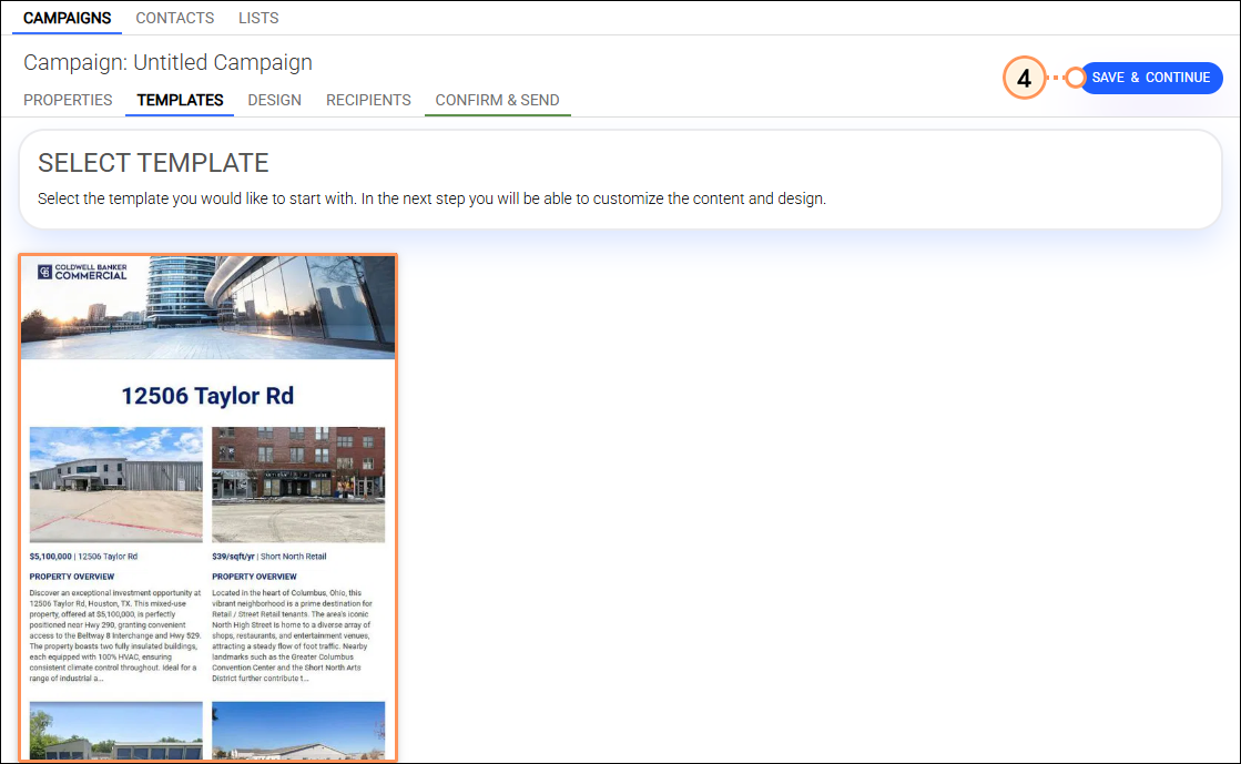 Template selectiong save and continue button