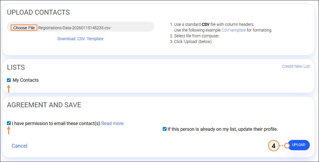 Select file choose lists agreement checkbox and upload button