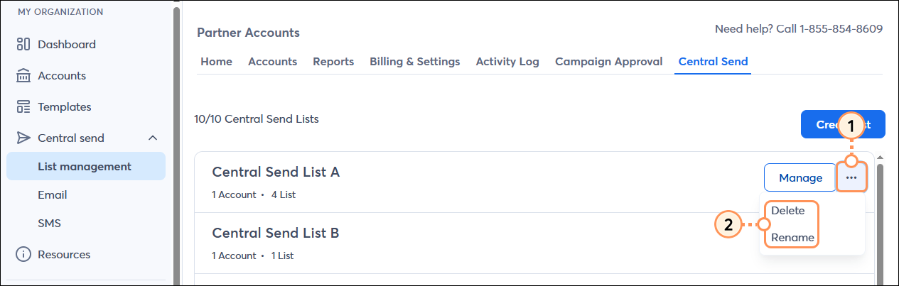 Partner account with Accounts tab selected, Central Send tab selected, and Central Send list with menu expanded and Delete and Rename options