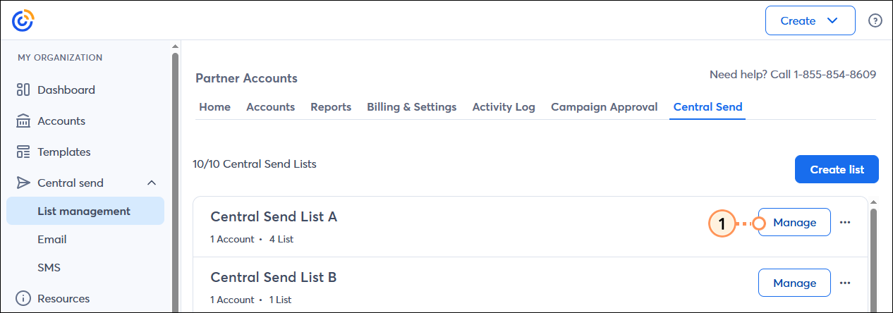 Partner account with Accounts tab selected, Central Send tab selected, and Central Send list and Manage button
