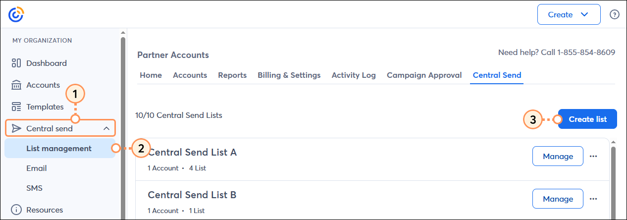 Central Send dropdown list management option create list button