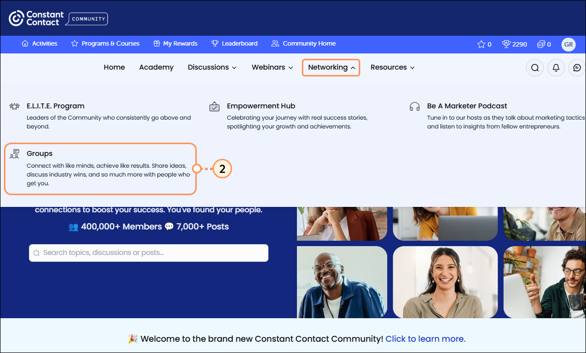 Networking dropdown Groups option