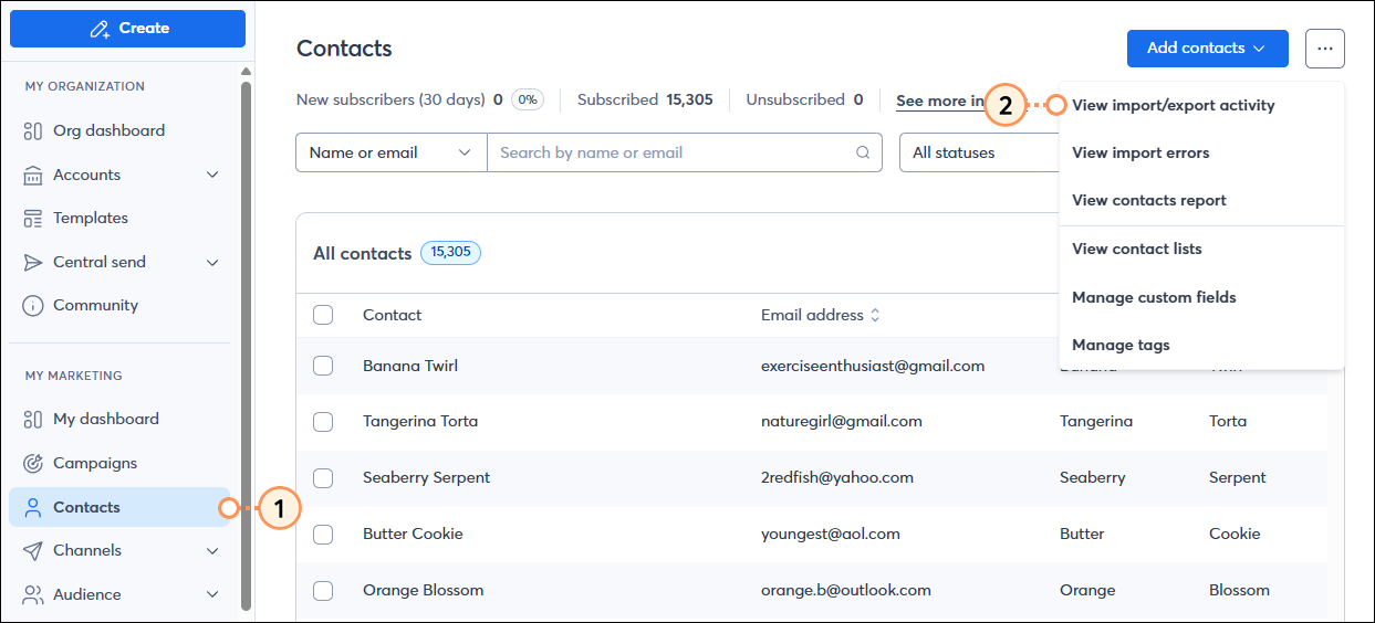 Contacts Page Three Dots Dropdown View Import and Export Activity Option