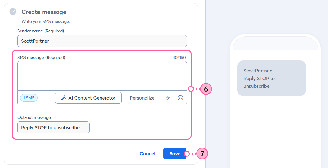 Enter and customize SMS message and save
