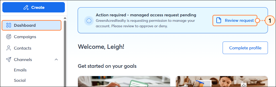 Dashboard page with Managed Access Request pop-up