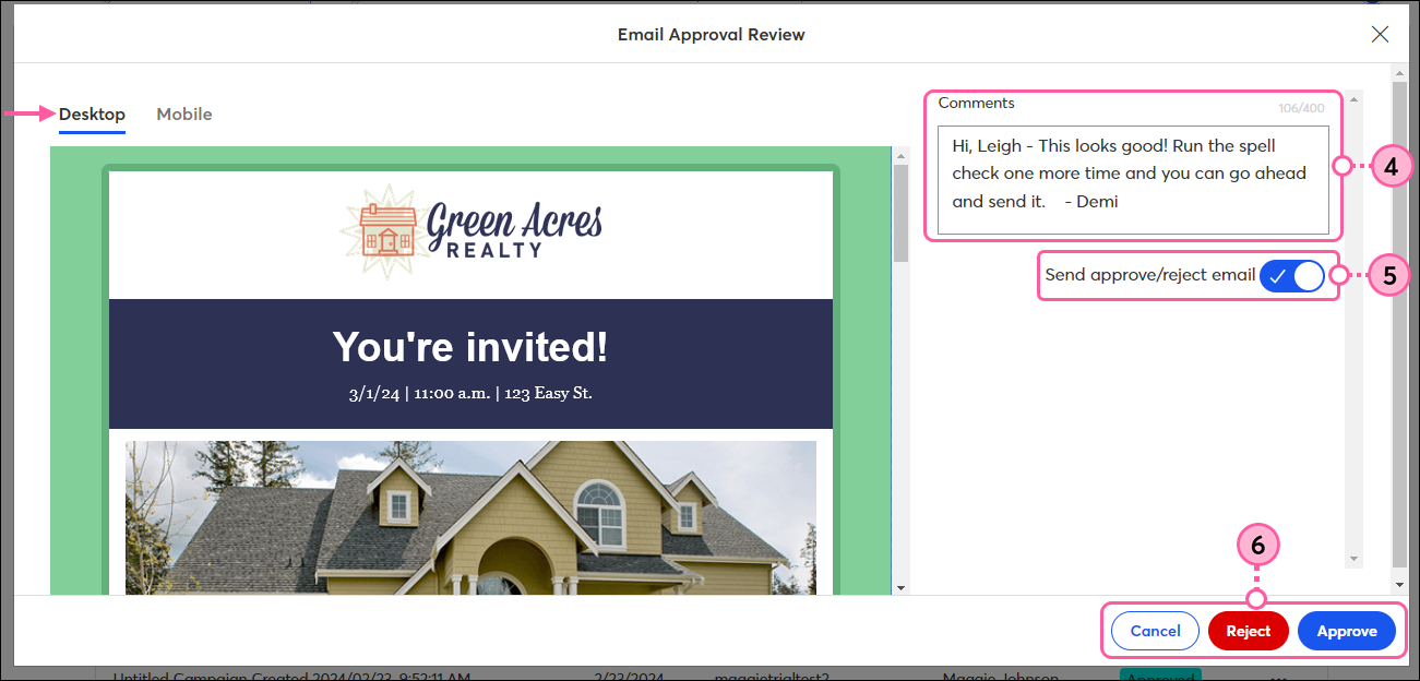 Email Approval Review overlay with Desktop and Mobile options, Send approve/reject email toggle switch, Comments field, and Cancel, Reject, and Approve buttons