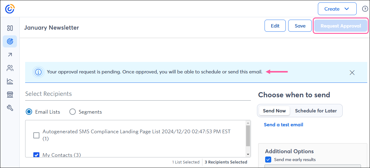 Email Schedule page with Request Approval button and Your approval request is pending message.