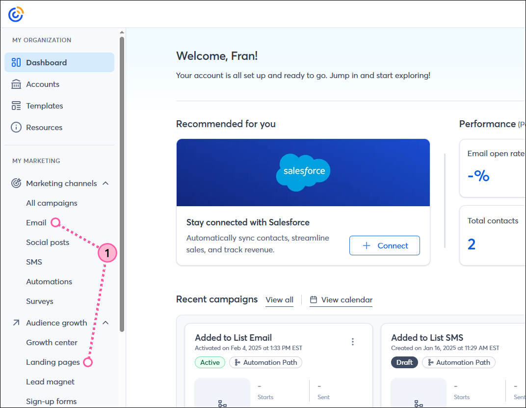 Marketing drop-down menu with Email option and Landing page option