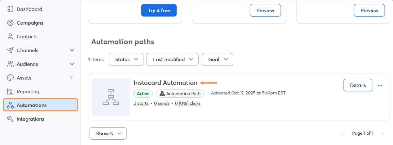 Automations page Instacard Automation Path