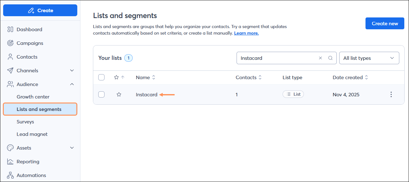 Lists and Segments page Instacard List