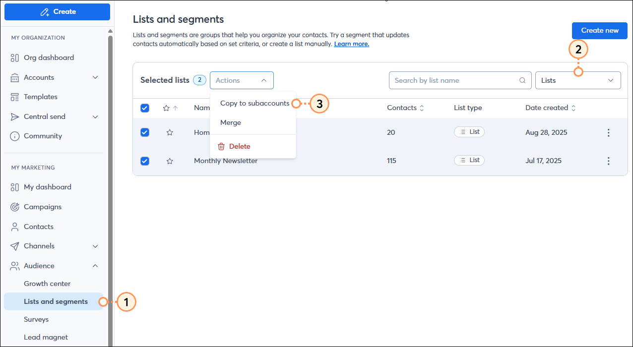 Lists and Segments Page Lists selected Actions dropdown Copy to Subaccounts option