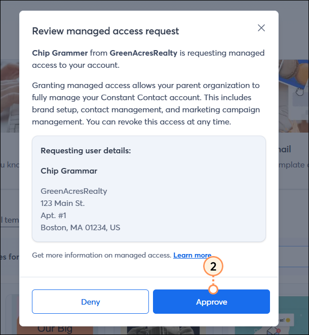 Partner access overlay with Confirm button