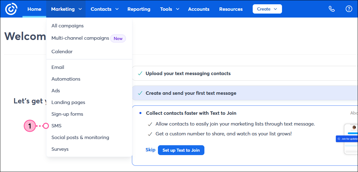 Marketing dropdown SMS option