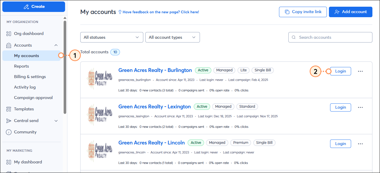 Accounts page login to subaccount button