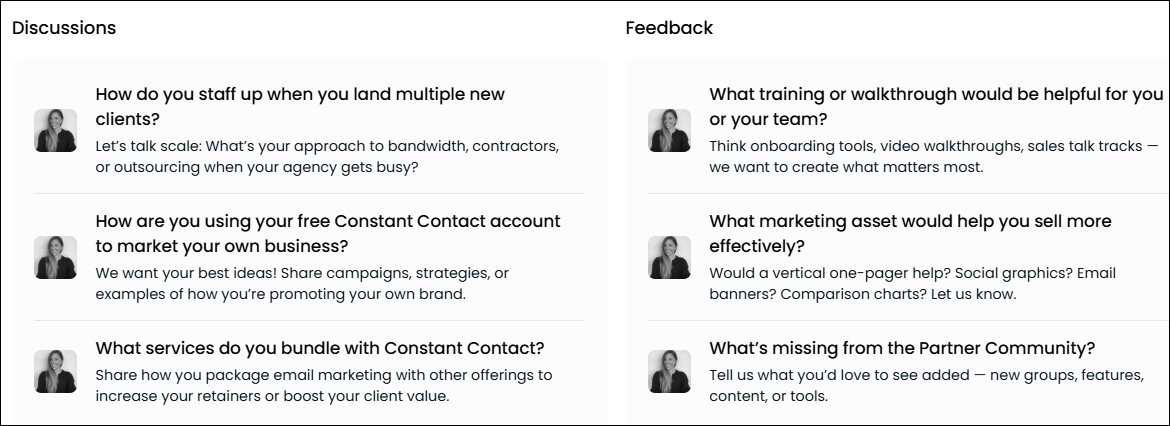 Discussions and Feedback Sections of Community Group Page
