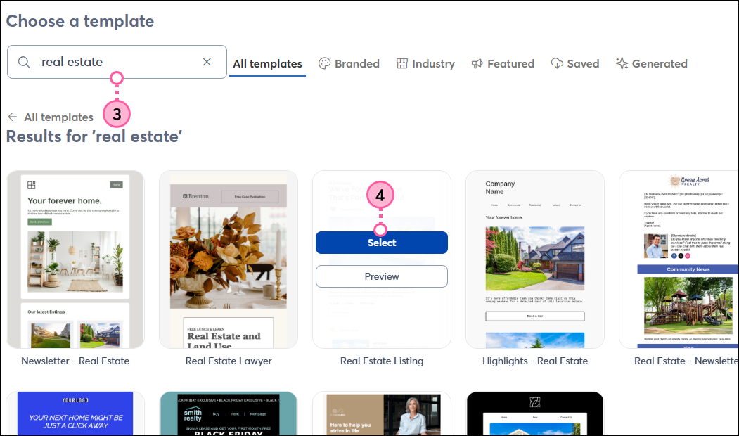 Find your template page with All templates tab selected, Search field with real estate results, and template hover state with Select and Preview buttons