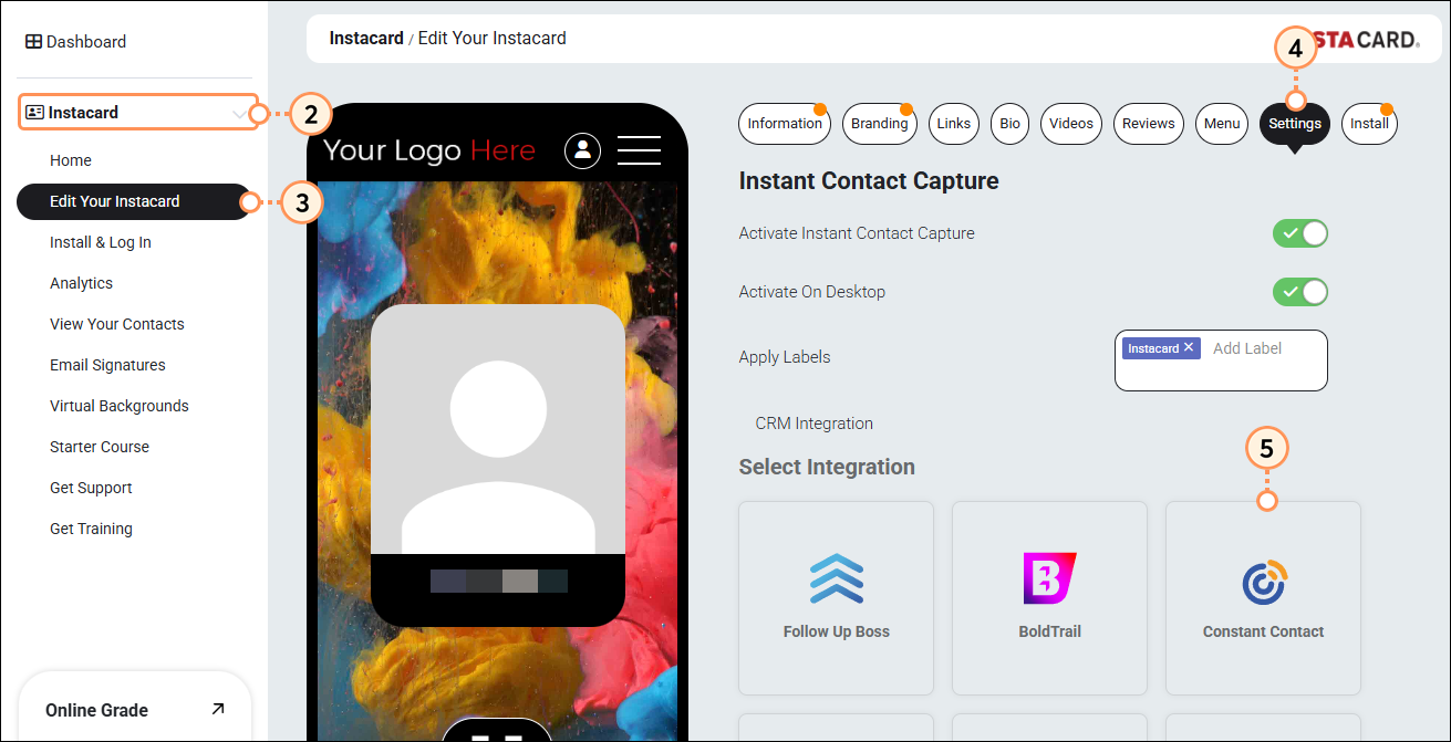Navigate to Instacard Settings and select Constant Contact integration card