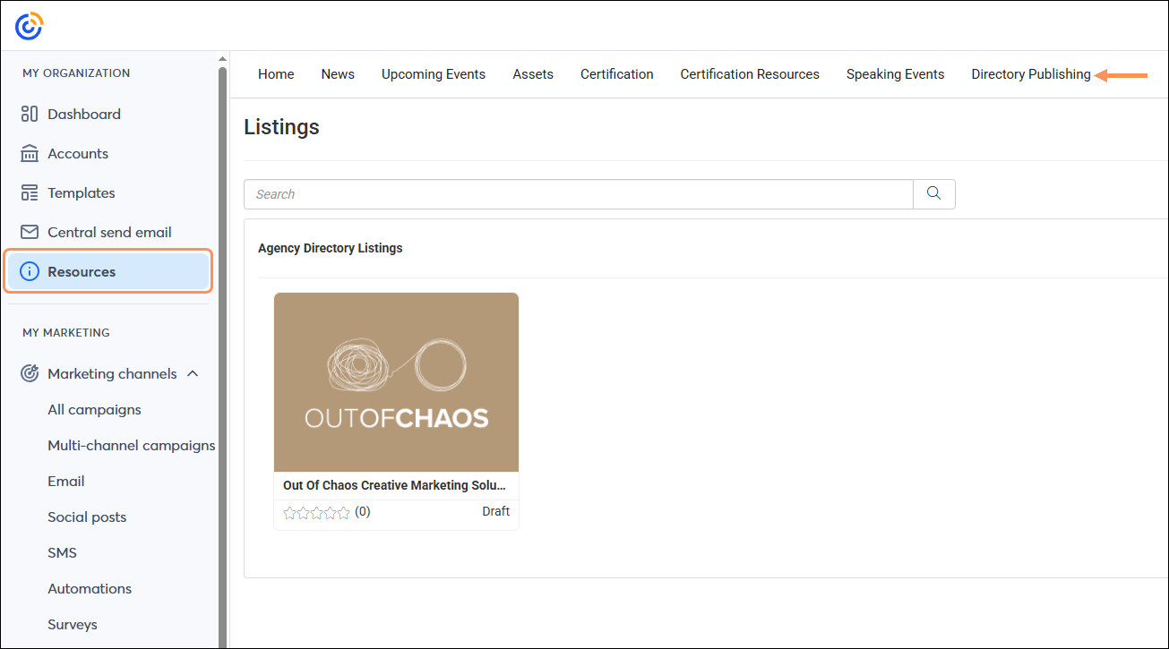 Resources tab, Directory Publishing tab selected, Agency Directory Listings section and Search field with draft listing