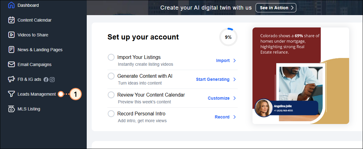 Roomvu Account Home Dashboard Leads Management Menu Option