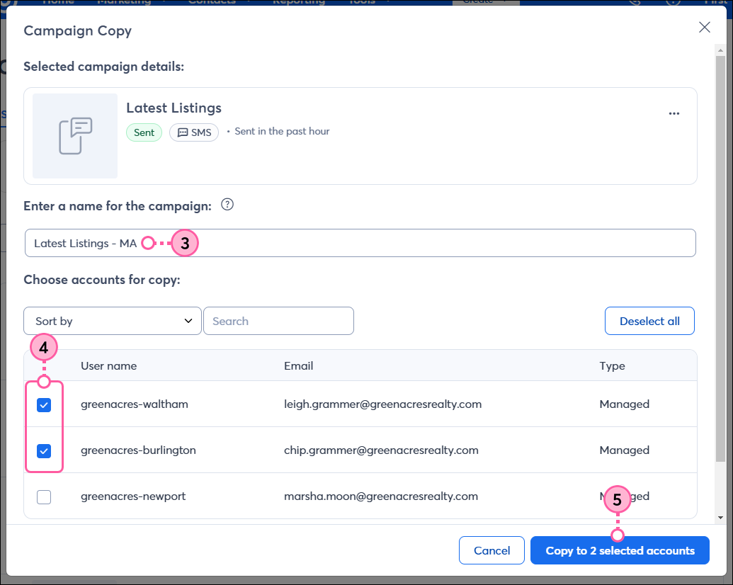 Enter name for campaign, select accounts, and copy