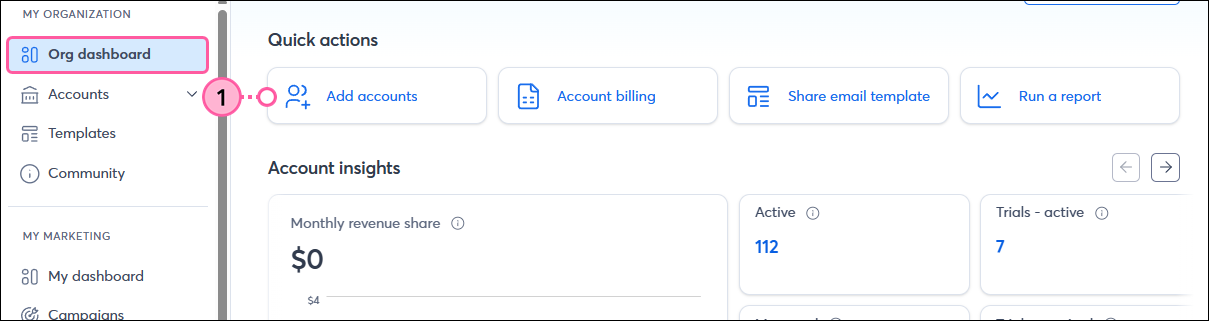 Quick Actions section of Org Dashboard Add Accounts