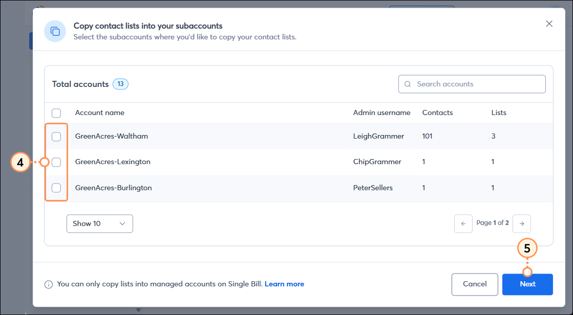 Checkmark subaccounts click next button