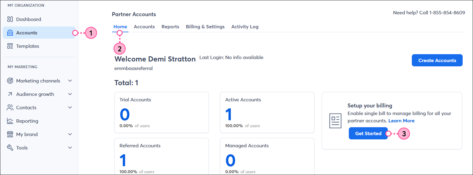 Accounts tab, Home tab, Setup your billing section with Get Started button