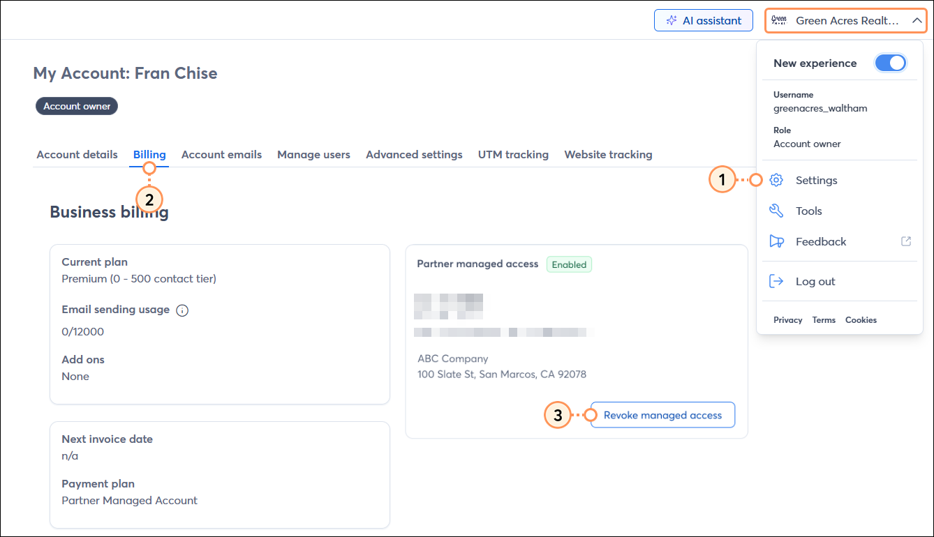 Managed account settings billing tab and revoke access button