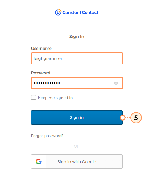 Constant Contact username and password and Sign In button