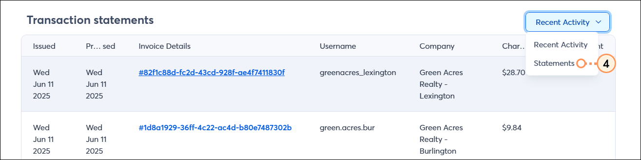 Recent Activity Dropdown Statements Option
