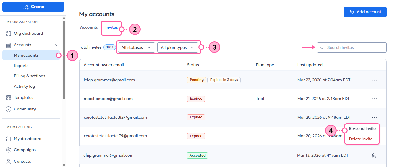 My accounts page invite tab