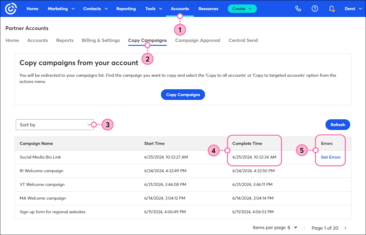Selección de pestaña Accounts (Cuentas), selección de subpestaña Copy Campaigns (Copiar campañas), tabla Campaigns (Campañas) con Start Time (Hora de inicio), Complete Time (Hora completa) y Errors (Errores)
