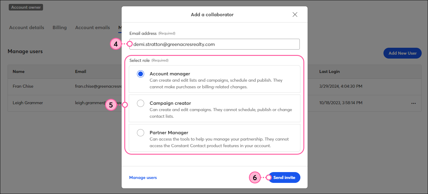 Add a collaborator overlay with Email address field, Account manager, Campaign creator, and Partner manager options, and Send invite button