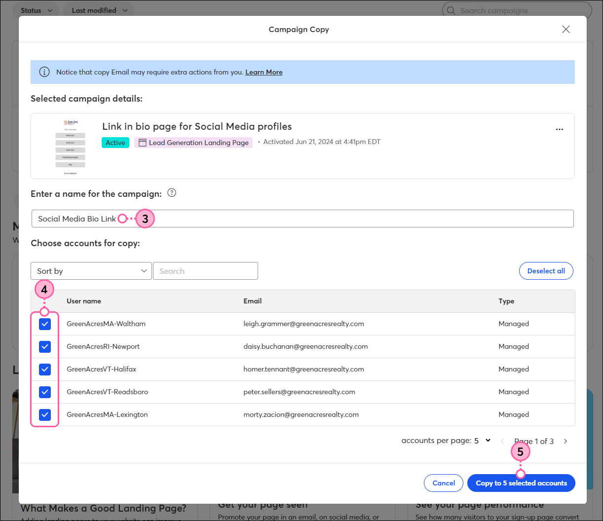 Campaign Copy overlay with campaign name and child accounts selected