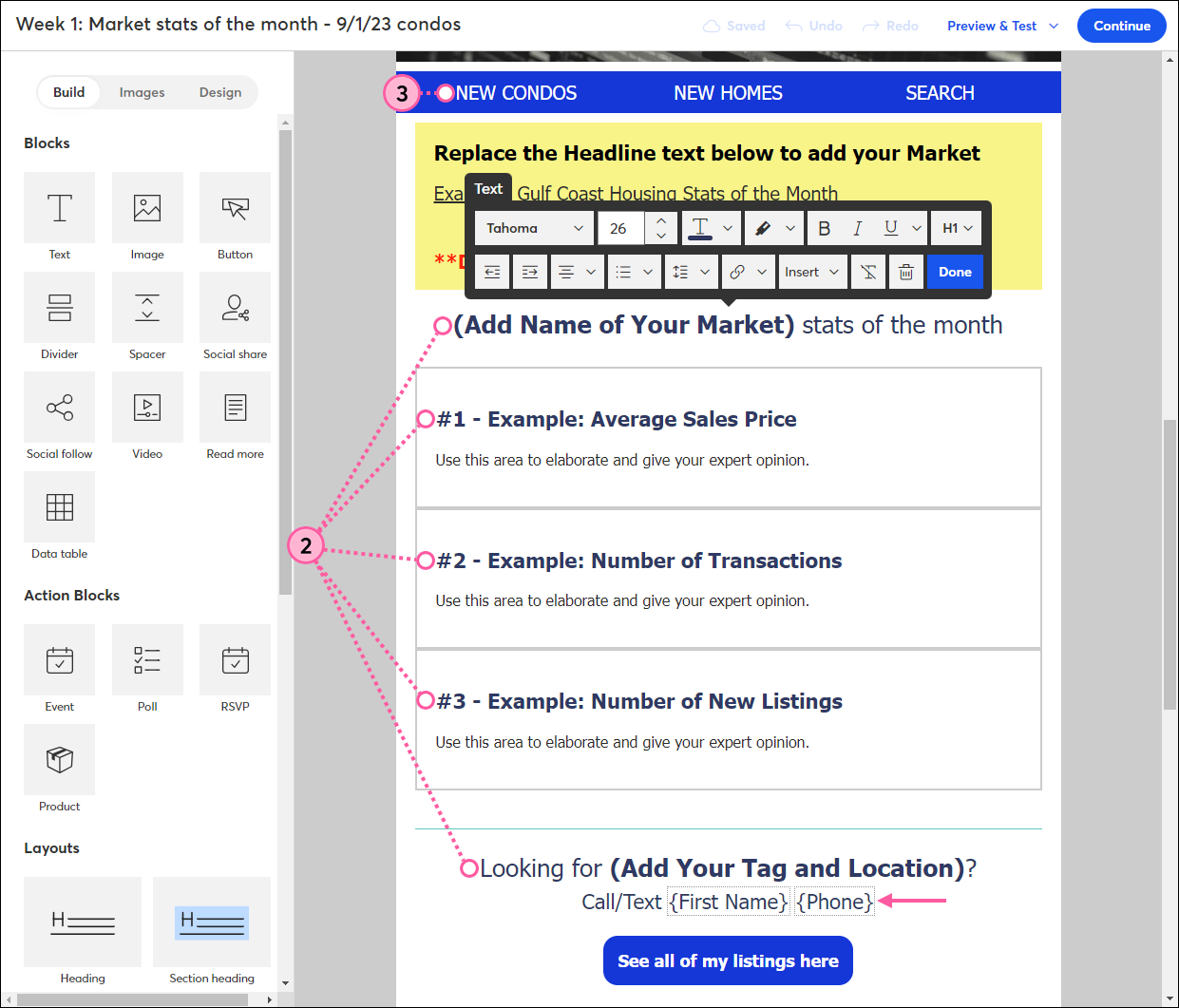 Email editor with text and link content
