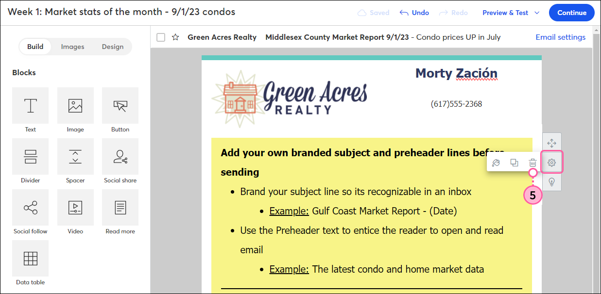 Email editor with block-level side menu expanded with Edit menu expanded and Delete option selected