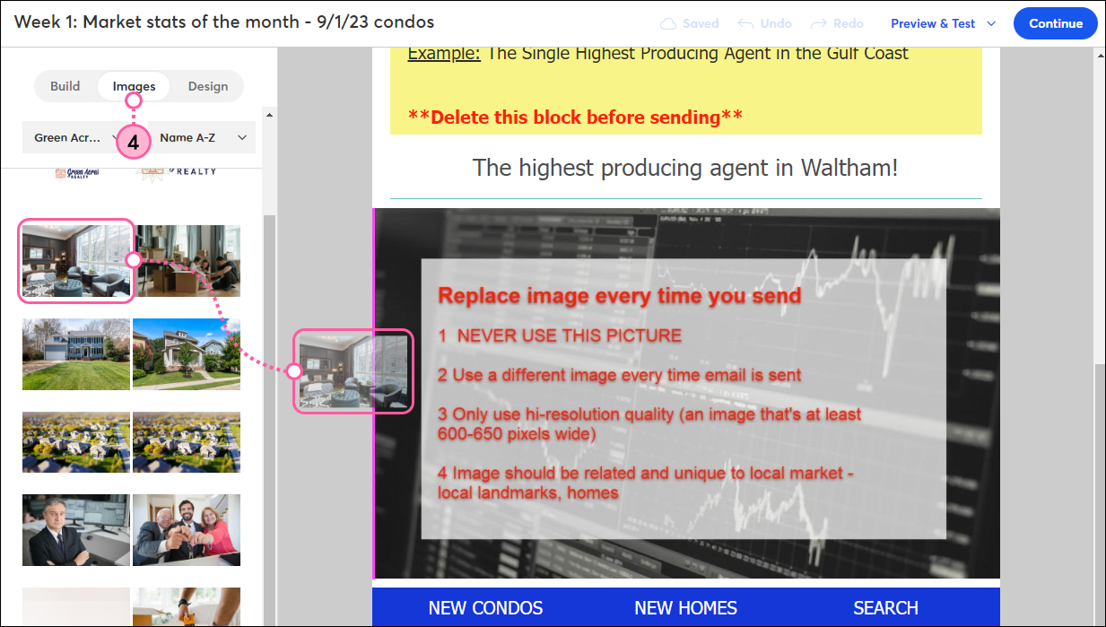 Email editor with Images tab selected, image selected with drag-and-drop and placement guideline visible into image placeholder