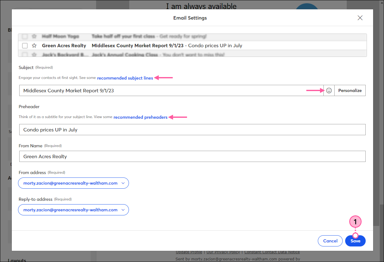 Email Settings overlay with Subject, Preheader, and From Name fields, recommended subject lines link, recommended preheaders link, Emoji and Personalize options, and Save button