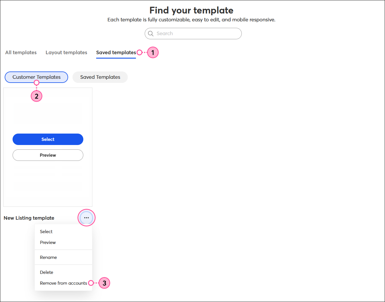 Email template picker with Saved templates tab selected and Customer Templates option selected, template with preview option and template menu expanded with Remove from accounts option selected