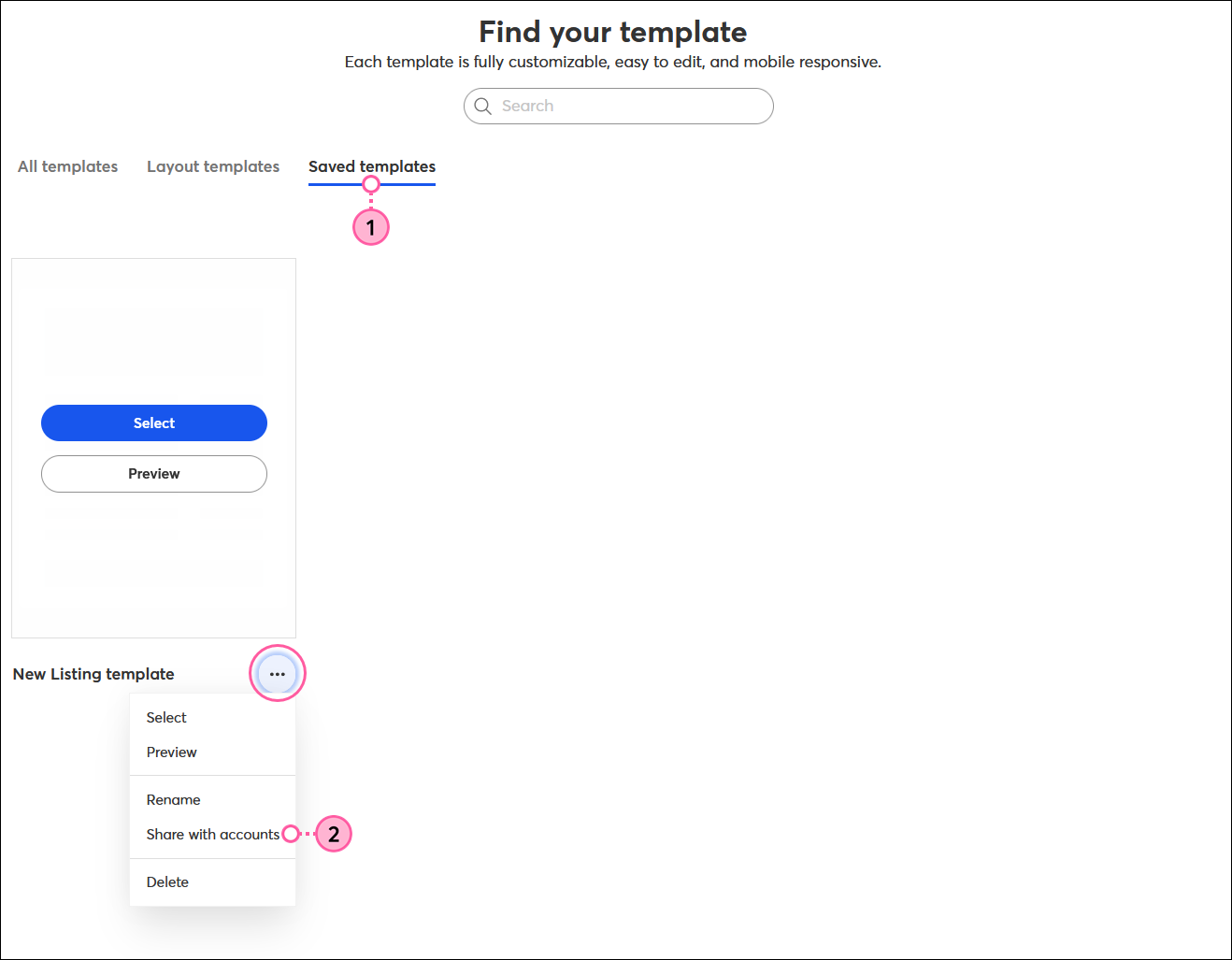 Email template picker with Saved templates tab selected, template with preview option, and template menu expanded and Share with accounts option selected