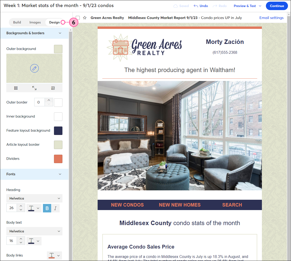 Email editor with Design tab selected and Backgrounds & borders menu expanded and Fonts menu expanded