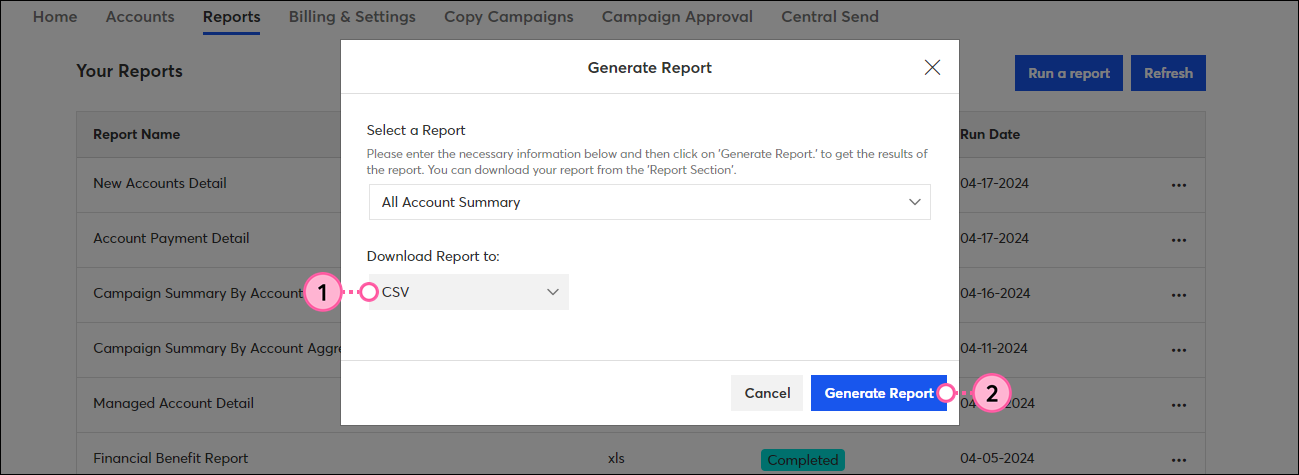 Generate Report overlay with Select a Report drop-down menu and Managed Account Details option selected, Download Report to option with XLS option selected, and Generate Report button