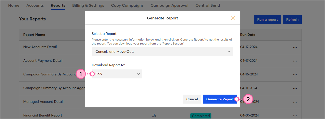Generate Report overlay with Select a Report drop-down menu and Cancels and Move-Outs option selected, Donwload Report to drop-down menu with CSV option selected, and Generate Report button