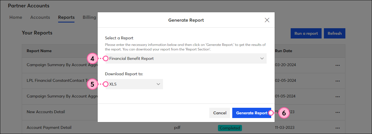 Generate Report overlay with Select a Report drop-down menu and Financial Benefit Report option selected, Download Report to option with XLS option selected, and Generate Report button