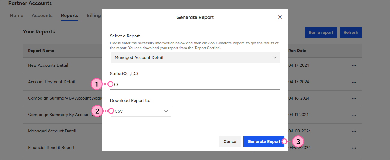 Generate Report overlay with Select a Report drop-down menu and Managed Account Detail option selected, Donwload Report to drop-down menu with CSV option selected, and Generate Report button