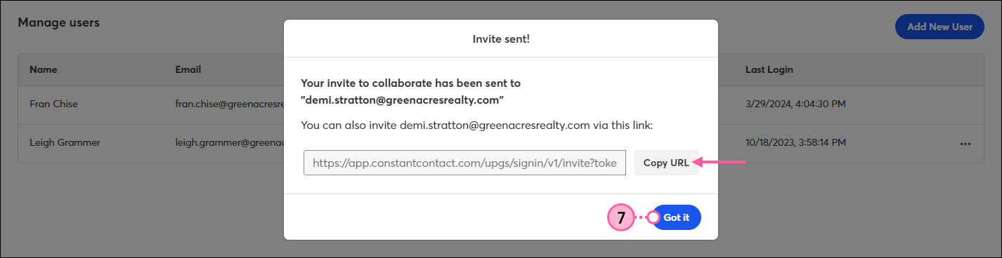Invite sent overlay with Copy URL option and Got it button