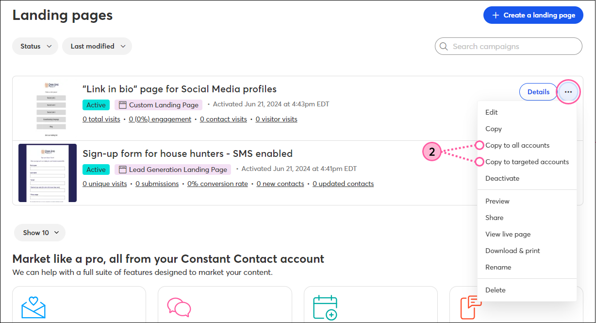Landing pages dashboard with landing page menu expanded and Copy to all accounts option and Copy to targeted accounts option